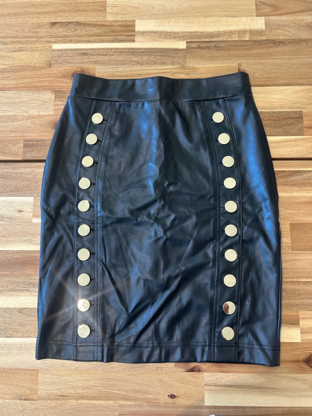 INC International Concepts Black Faux Leather Pencil Skirt with Gold Buttons